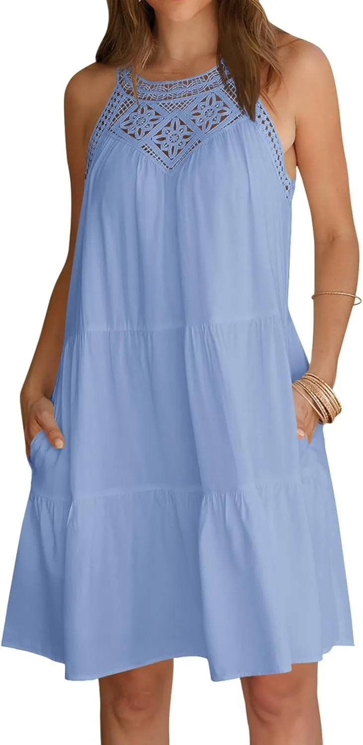 MEROKEETY Women's Summer Spring Casual Halter Sundress 2025 Beach Vacation Flowy A Line Tiered Swing Mini Dresses
