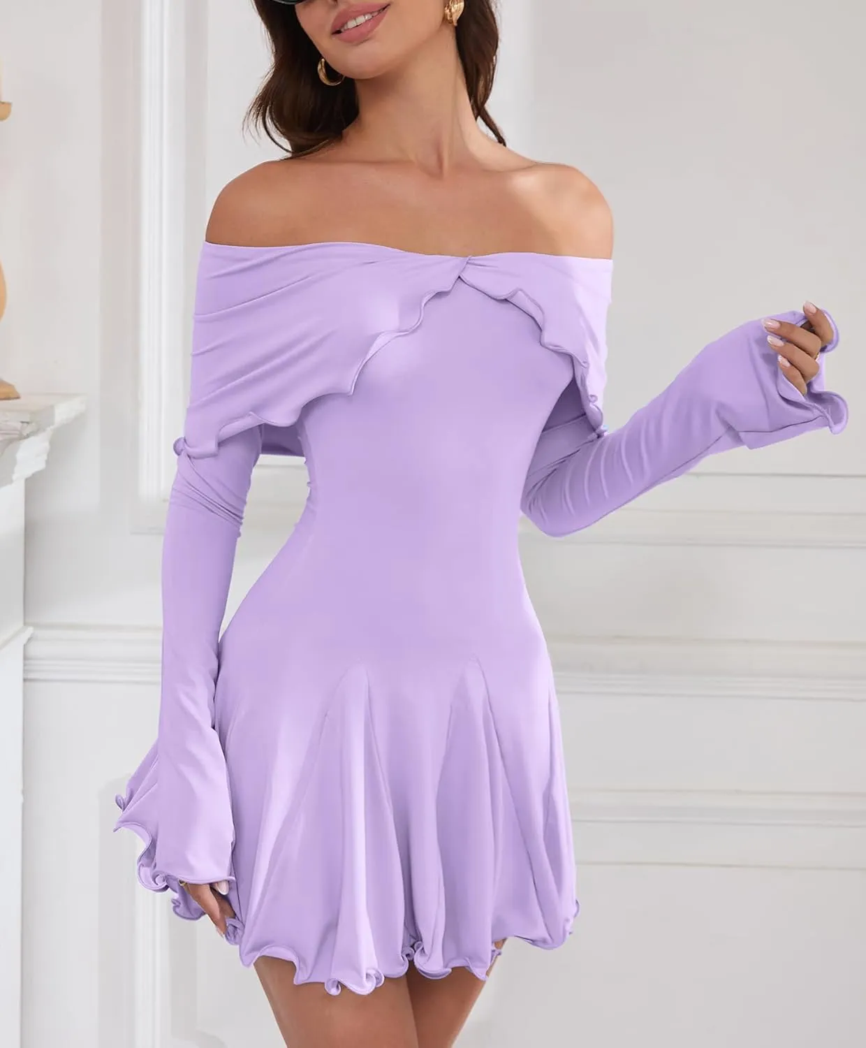 Off The Shoulder Dresses for Women Flowy Bodycon Ruffle Long Sleeve Spring Short Sexy Mini Dress