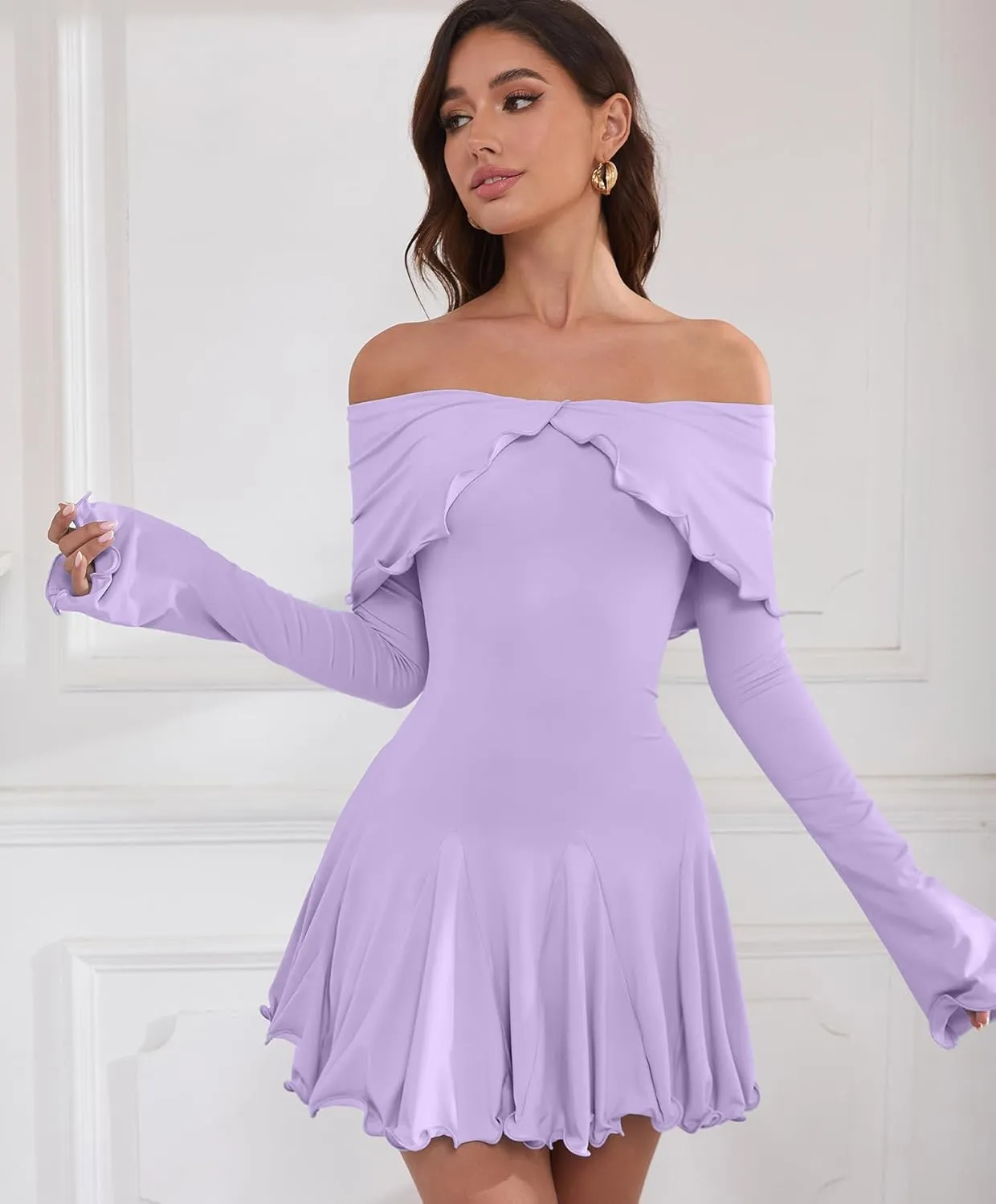 Off The Shoulder Dresses for Women Flowy Bodycon Ruffle Long Sleeve Spring Short Sexy Mini Dress