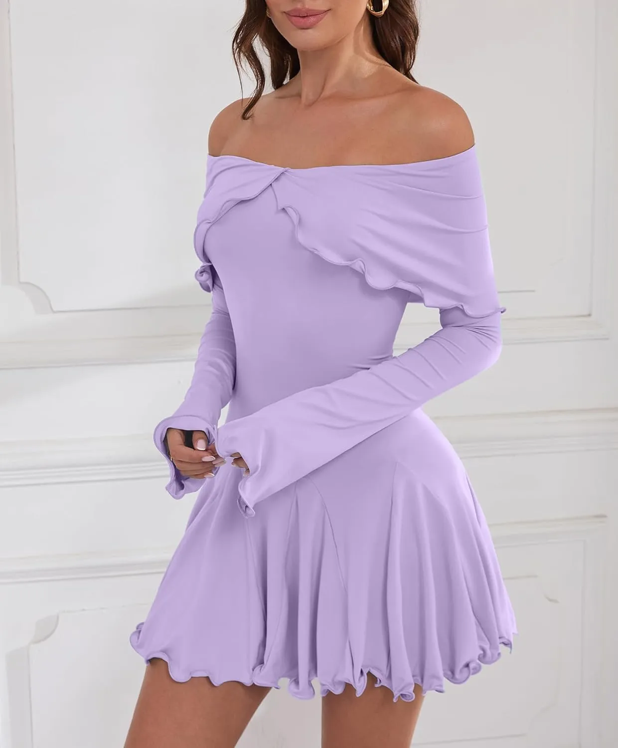Off The Shoulder Dresses for Women Flowy Bodycon Ruffle Long Sleeve Spring Short Sexy Mini Dress