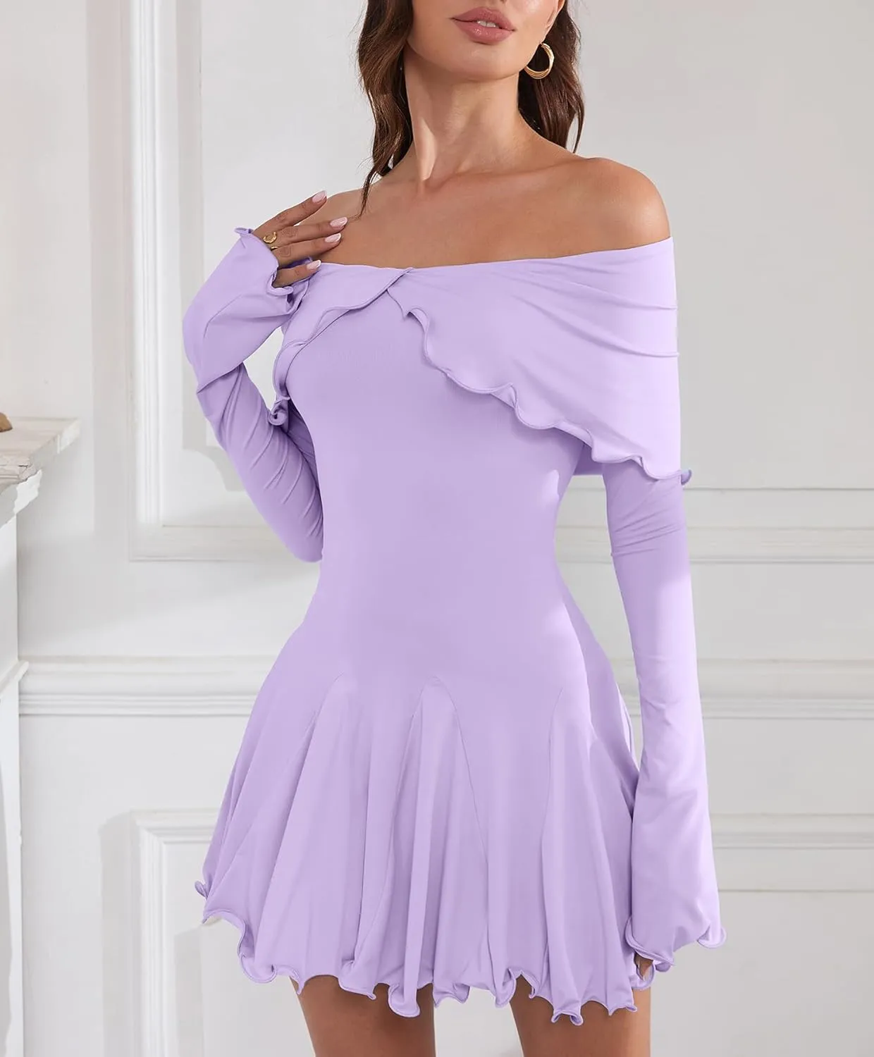 Off The Shoulder Dresses for Women Flowy Bodycon Ruffle Long Sleeve Spring Short Sexy Mini Dress
