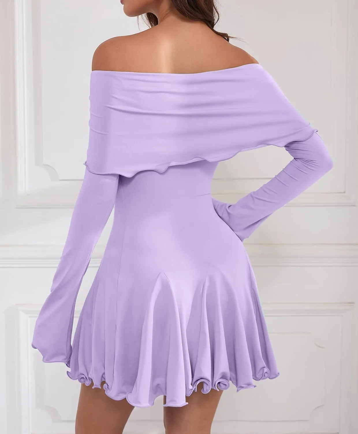 Off The Shoulder Dresses for Women Flowy Bodycon Ruffle Long Sleeve Spring Short Sexy Mini Dress