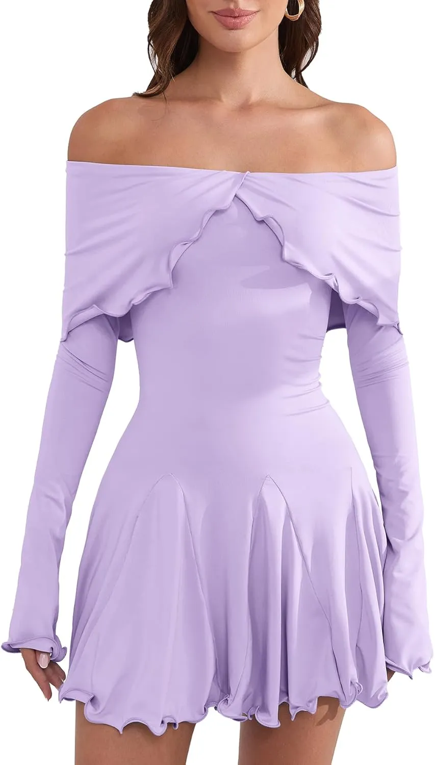 Off The Shoulder Dresses for Women Flowy Bodycon Ruffle Long Sleeve Spring Short Sexy Mini Dress