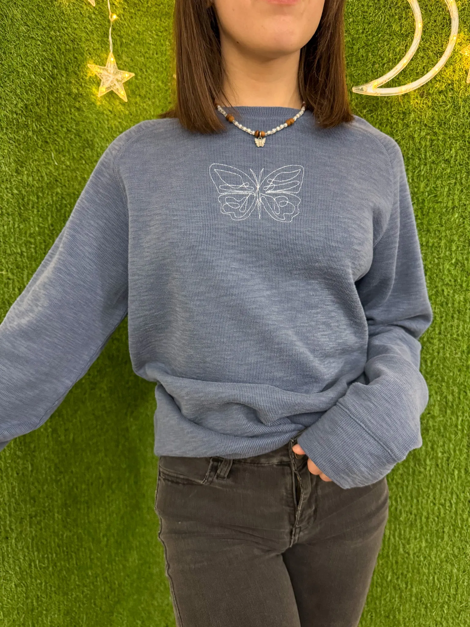 One Line Butterfly Blue Long Sleeve S