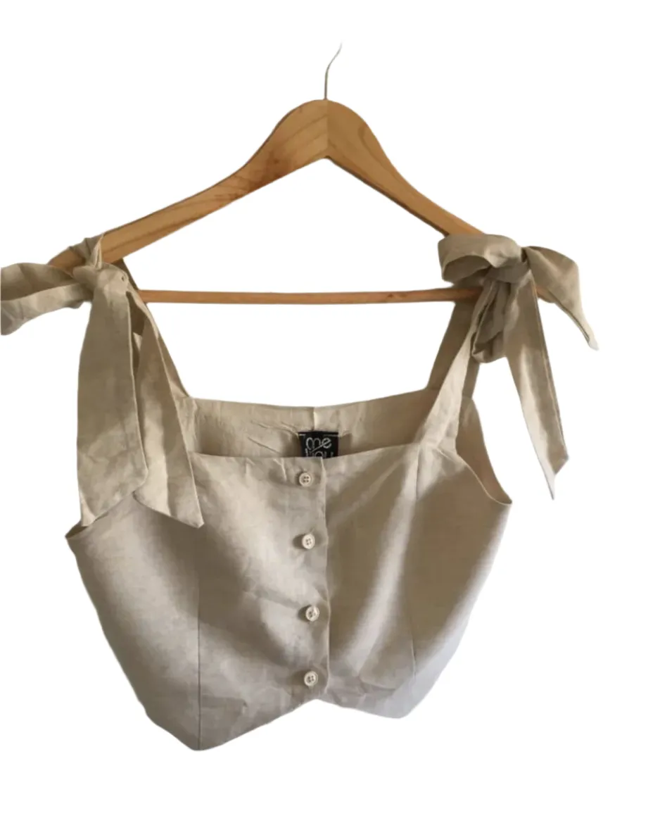 ONE WAY Size 8 Cotton linen look crop top bow straps Preppy oatmeal