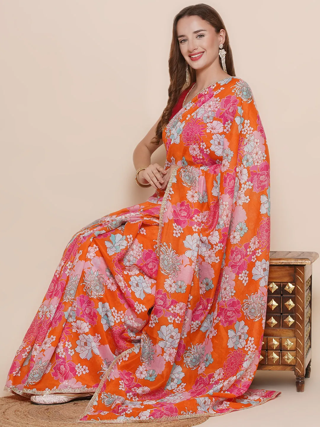 Orange Floral Printed Chanderi Sarees with Embellished border