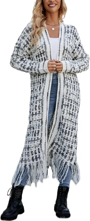 Perbai Womens Boho Cardigan Sweater Open Front Fringed Tassels Aztec Maxi Cardigan Jacket
