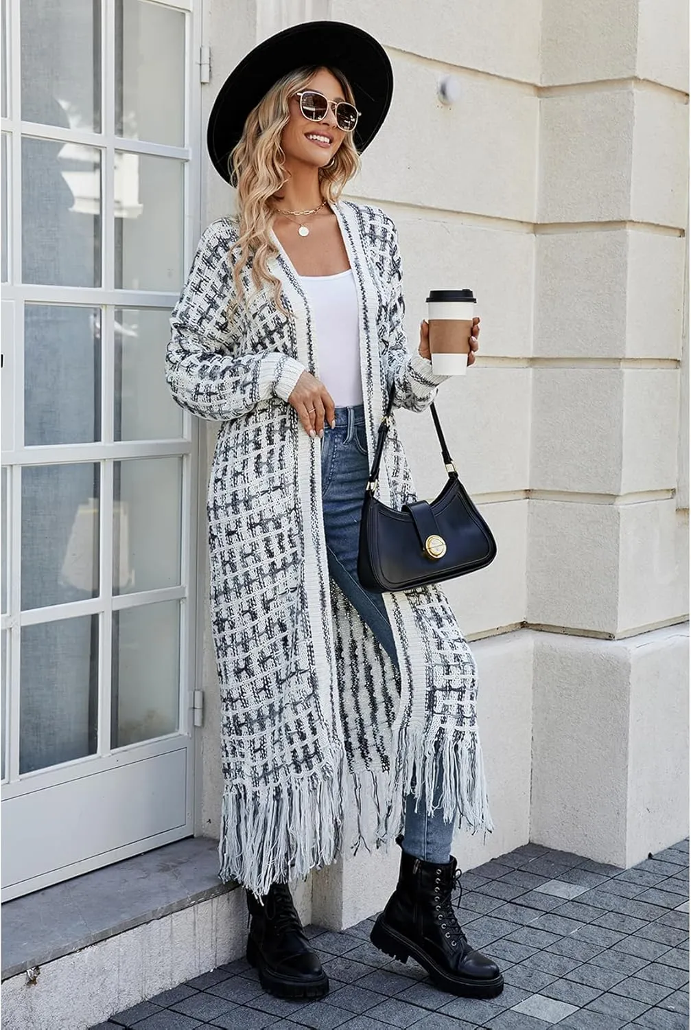 Perbai Womens Boho Cardigan Sweater Open Front Fringed Tassels Aztec Maxi Cardigan Jacket