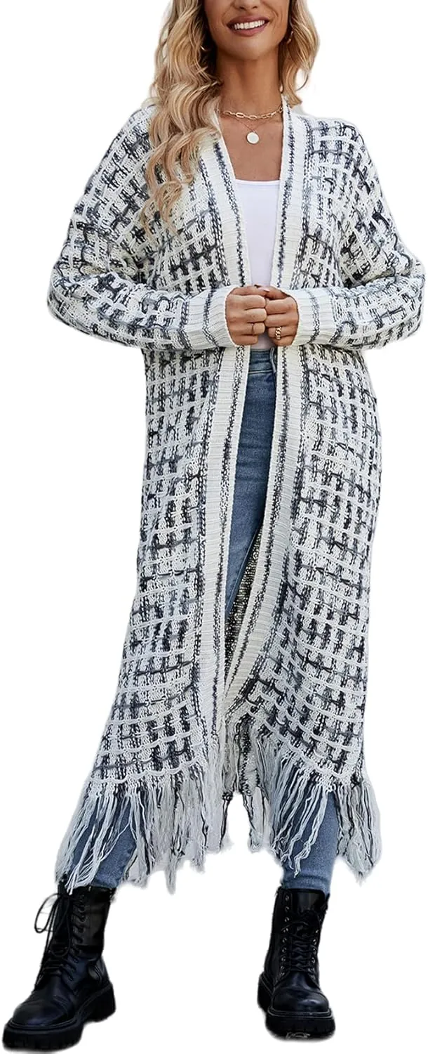 Perbai Womens Boho Cardigan Sweater Open Front Fringed Tassels Aztec Maxi Cardigan Jacket