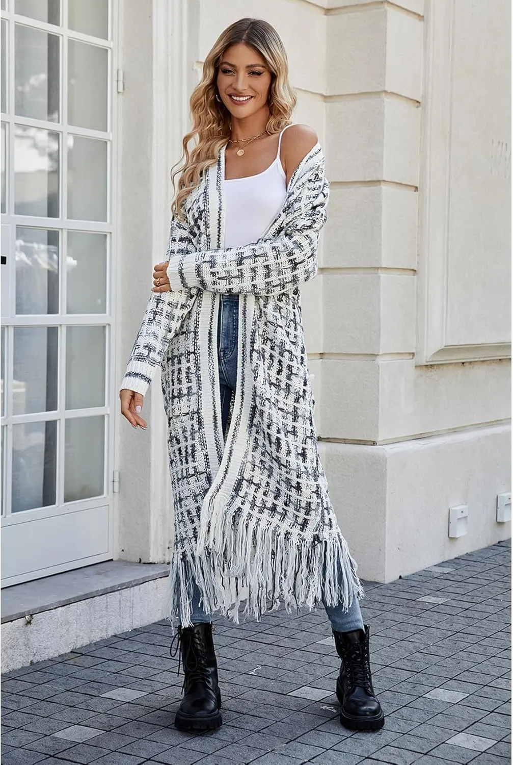 Perbai Womens Boho Cardigan Sweater Open Front Fringed Tassels Aztec Maxi Cardigan Jacket