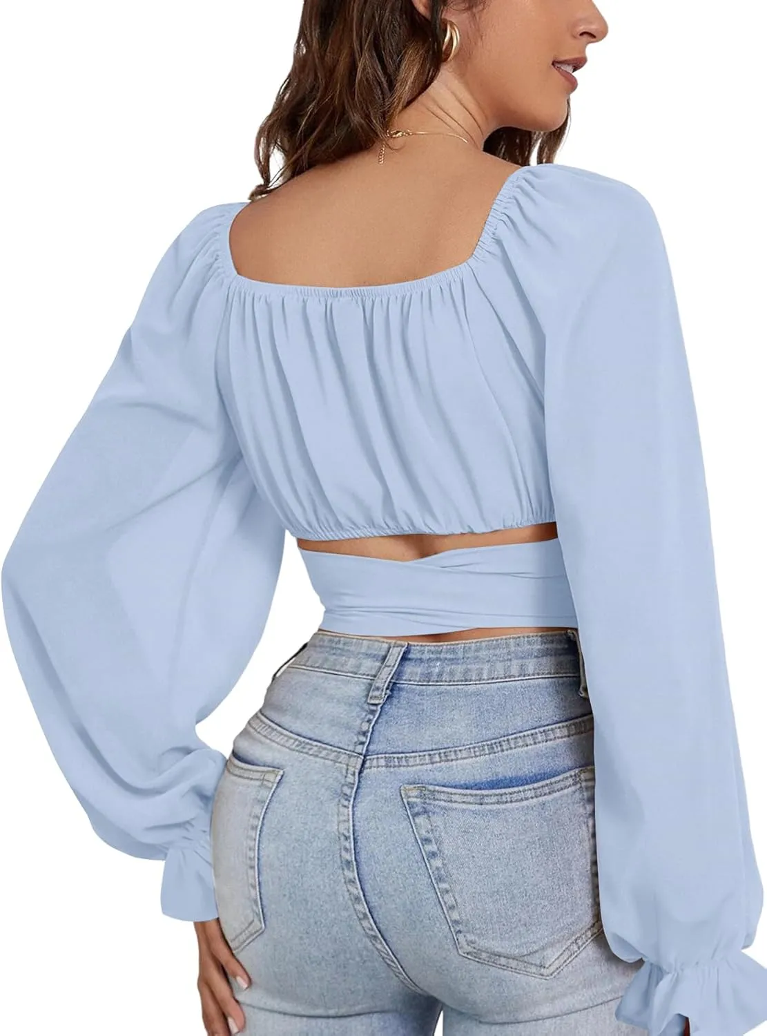 Rooscier Women's Ruched Wrap Square Neck Flounce Long Sleeve Self Tie Crop Top Blouse