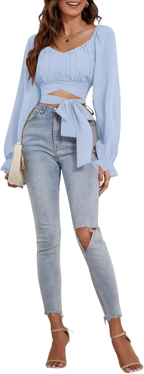 Rooscier Women's Ruched Wrap Square Neck Flounce Long Sleeve Self Tie Crop Top Blouse
