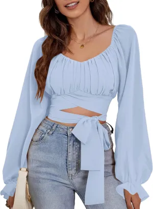 Rooscier Women's Ruched Wrap Square Neck Flounce Long Sleeve Self Tie Crop Top Blouse