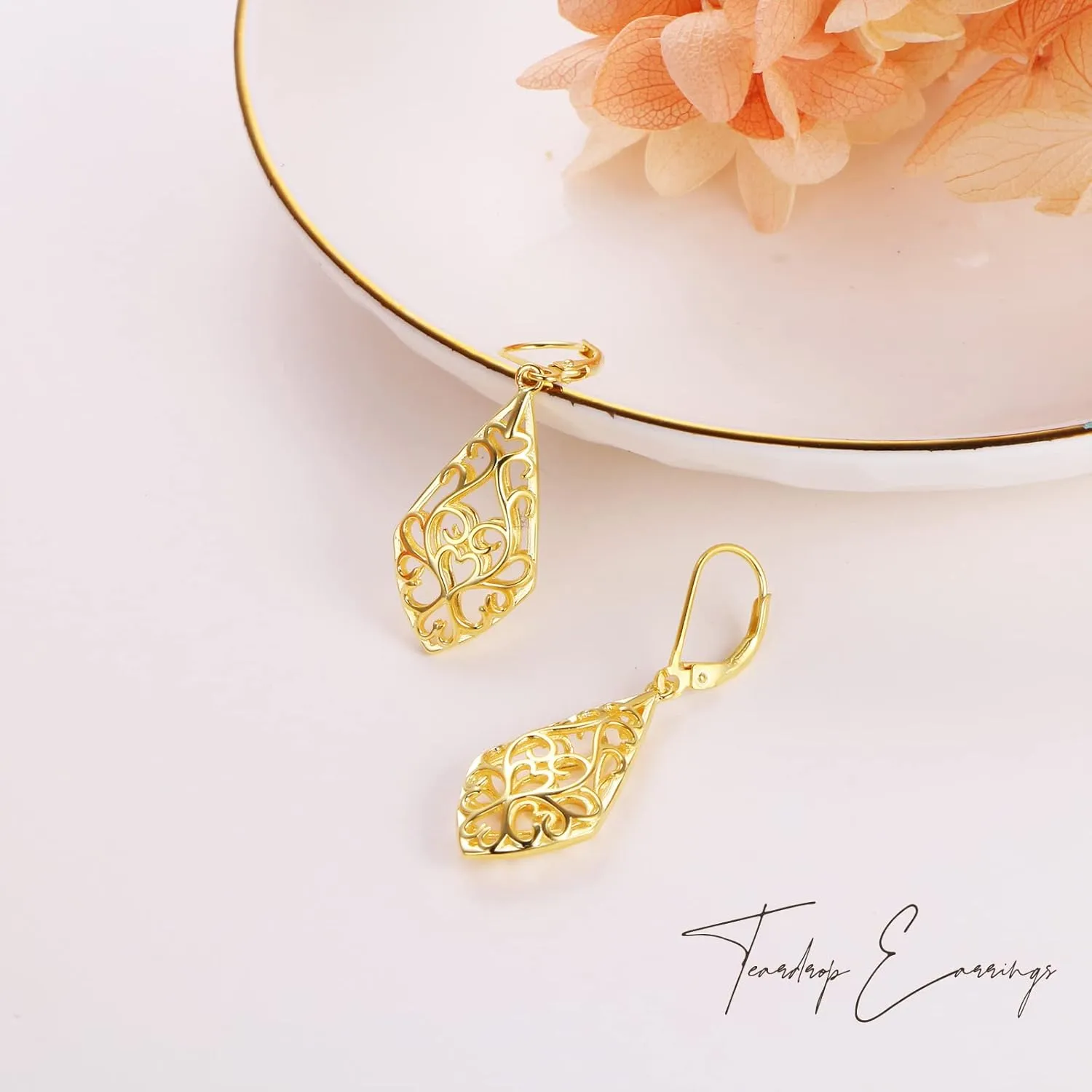 Sterling Silver Leverback Dangle Earrings for Women Teardrop Filigree 14K Gold Plated Dangly Earrings Mothers Day Gift