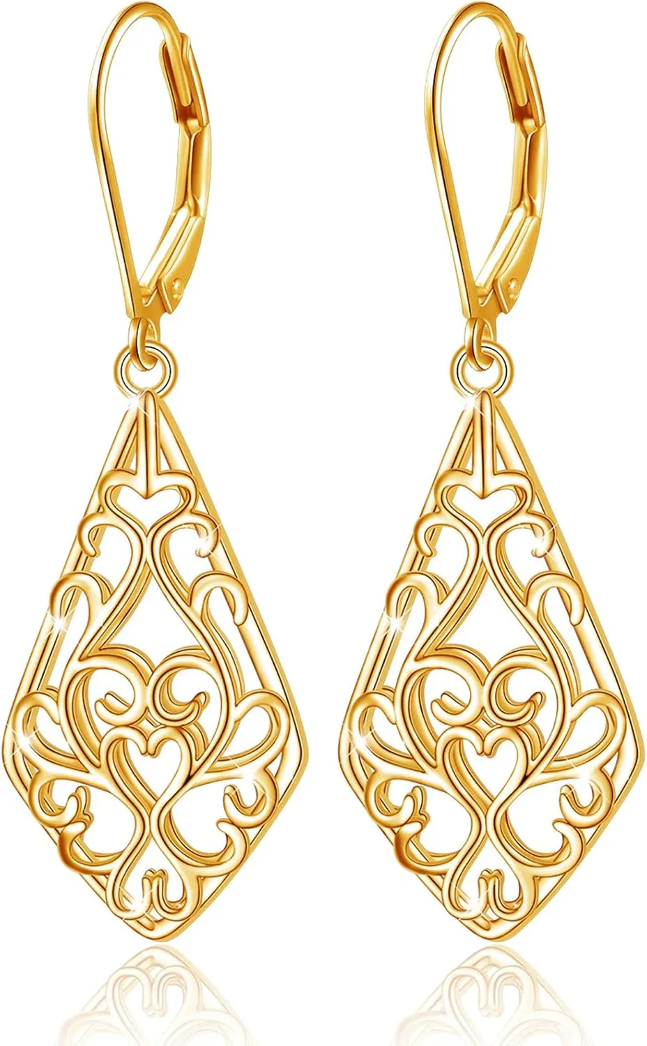 Sterling Silver Leverback Dangle Earrings for Women Teardrop Filigree 14K Gold Plated Dangly Earrings Mothers Day Gift