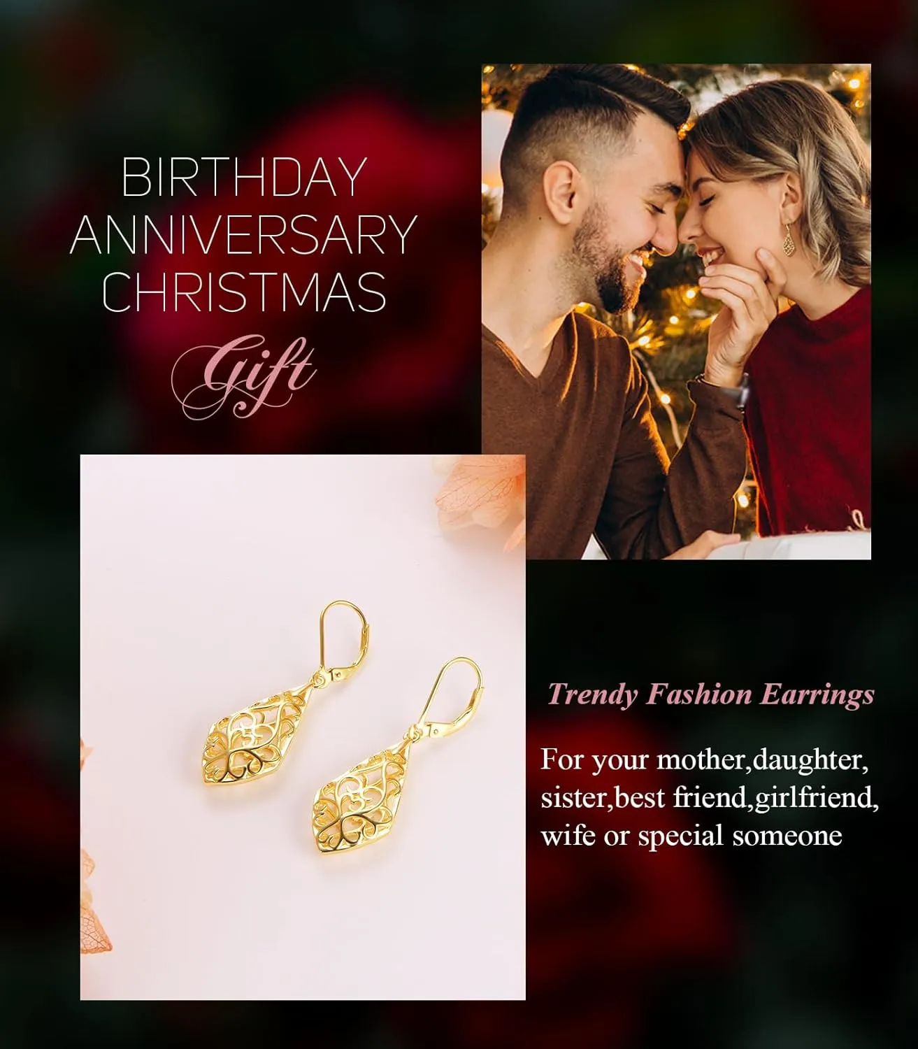 Sterling Silver Leverback Dangle Earrings for Women Teardrop Filigree 14K Gold Plated Dangly Earrings Mothers Day Gift