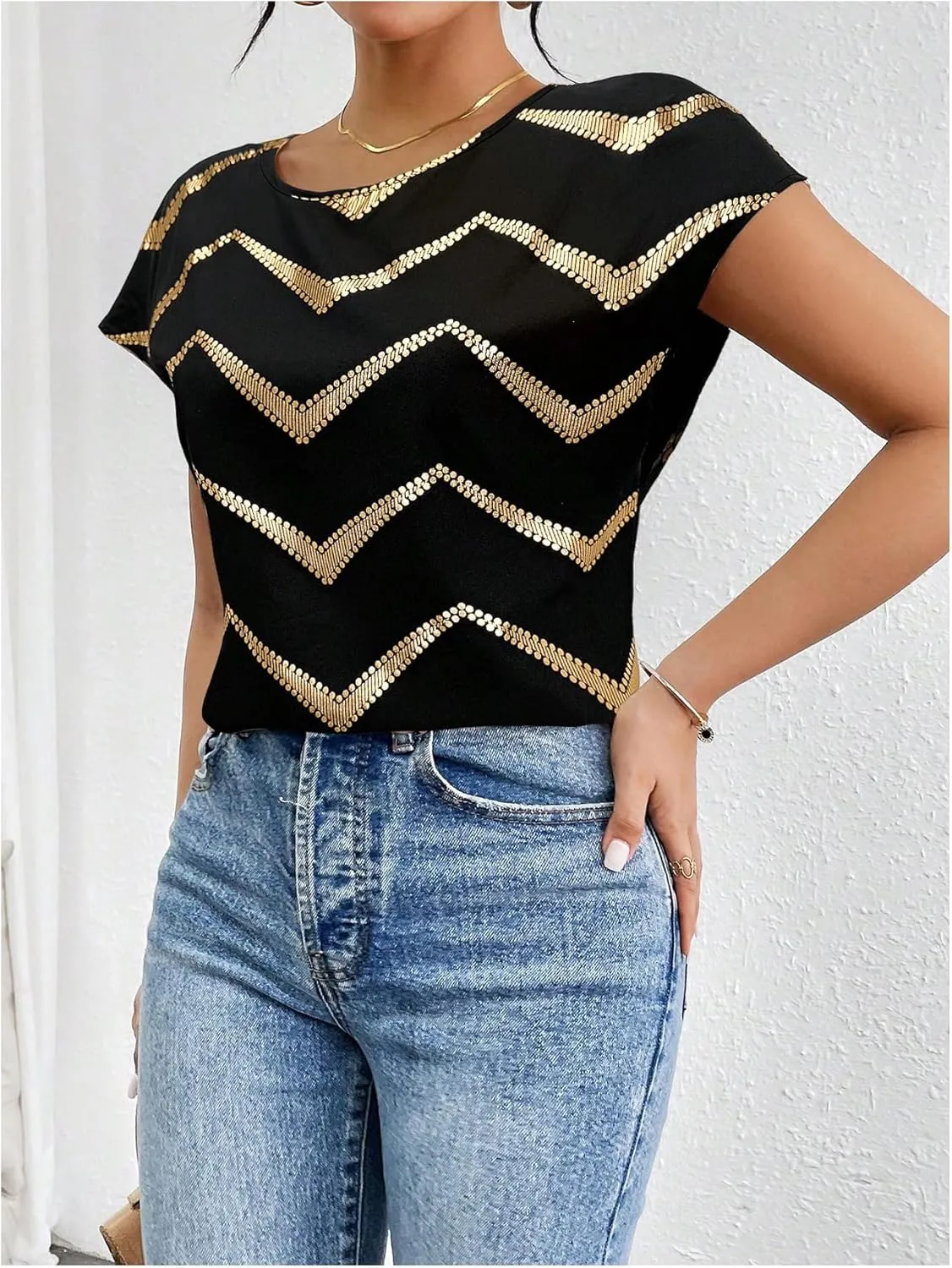 SweatyRocks Women's Crew Neck Satin Blouse Cap Short Sleeve Party Blouse Shirts Tops