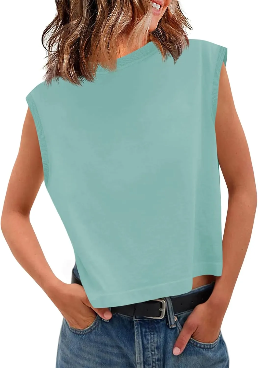 Tankaneo Womens Cropped Cap Sleeve Tank Tops Summer Casual Loose Fit Basic Tee Shirts