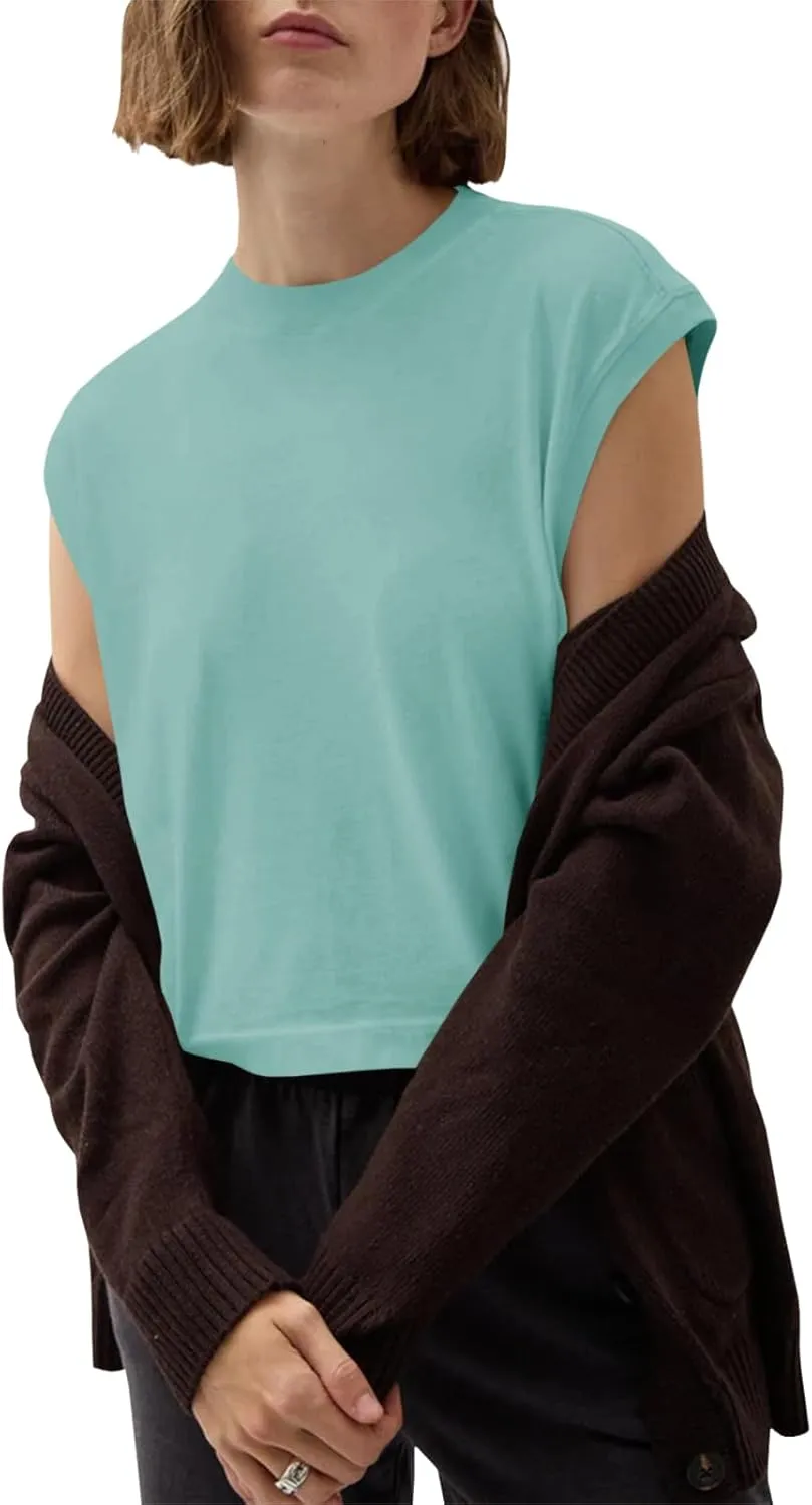 Tankaneo Womens Cropped Cap Sleeve Tank Tops Summer Casual Loose Fit Basic Tee Shirts