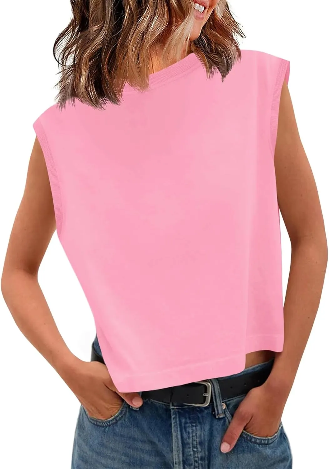 Tankaneo Womens Cropped Cap Sleeve Tank Tops Summer Casual Loose Fit Basic Tee Shirts