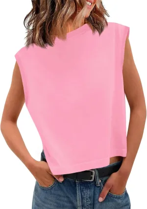 Tankaneo Womens Cropped Cap Sleeve Tank Tops Summer Casual Loose Fit Basic Tee Shirts