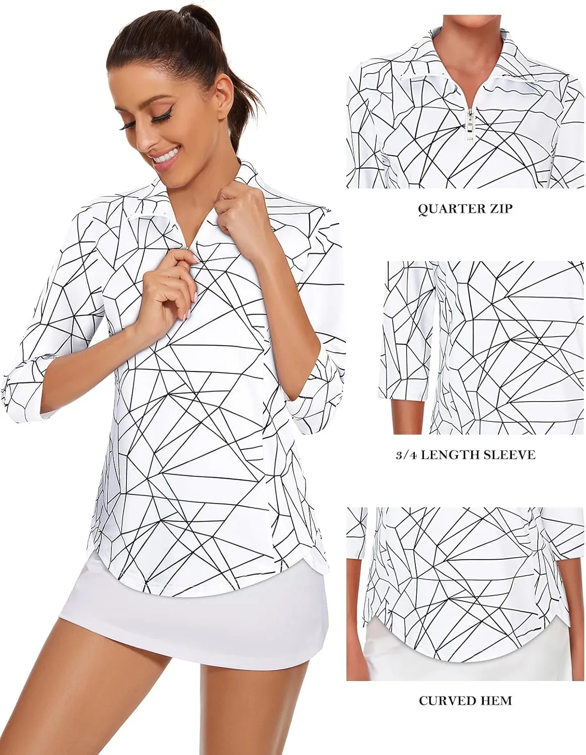 Tanst Sky Womens Golf Polo Shirts Zipper 3/4 Sleeve Moisture Wicking Tops UPF 50  Workout Tennis Apparel