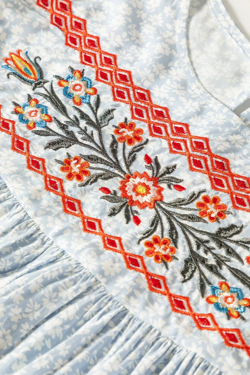 TEEK - Embroidered Misty Blue Cap Sleeve Blouse