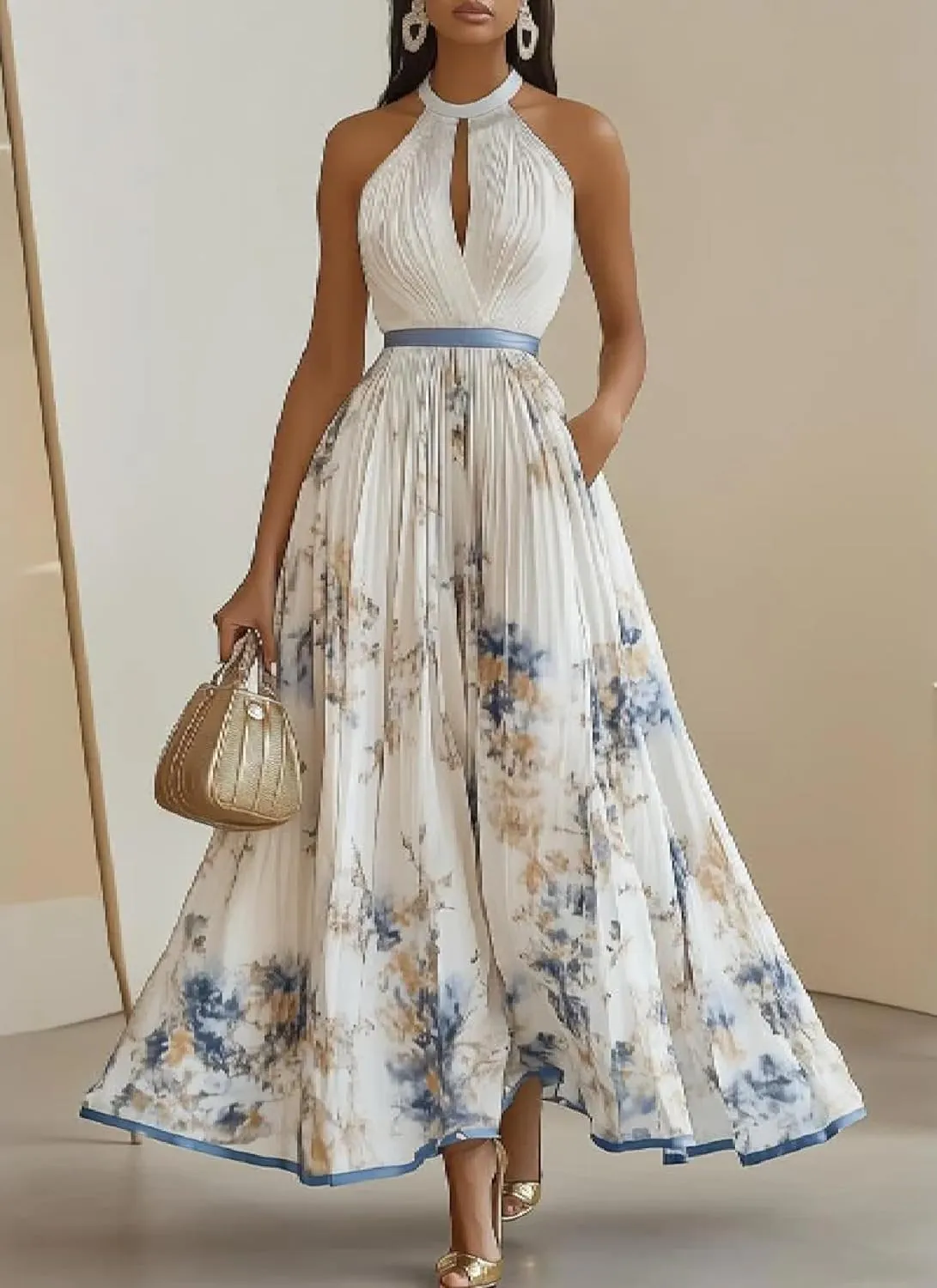 Women Halter Summer Dresses 2025 Sleeveless Cutout Floral Print Pleated Flowy Swing Casual A Line Party Club Maxi Dress