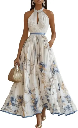 Women Halter Summer Dresses 2025 Sleeveless Cutout Floral Print Pleated Flowy Swing Casual A Line Party Club Maxi Dress