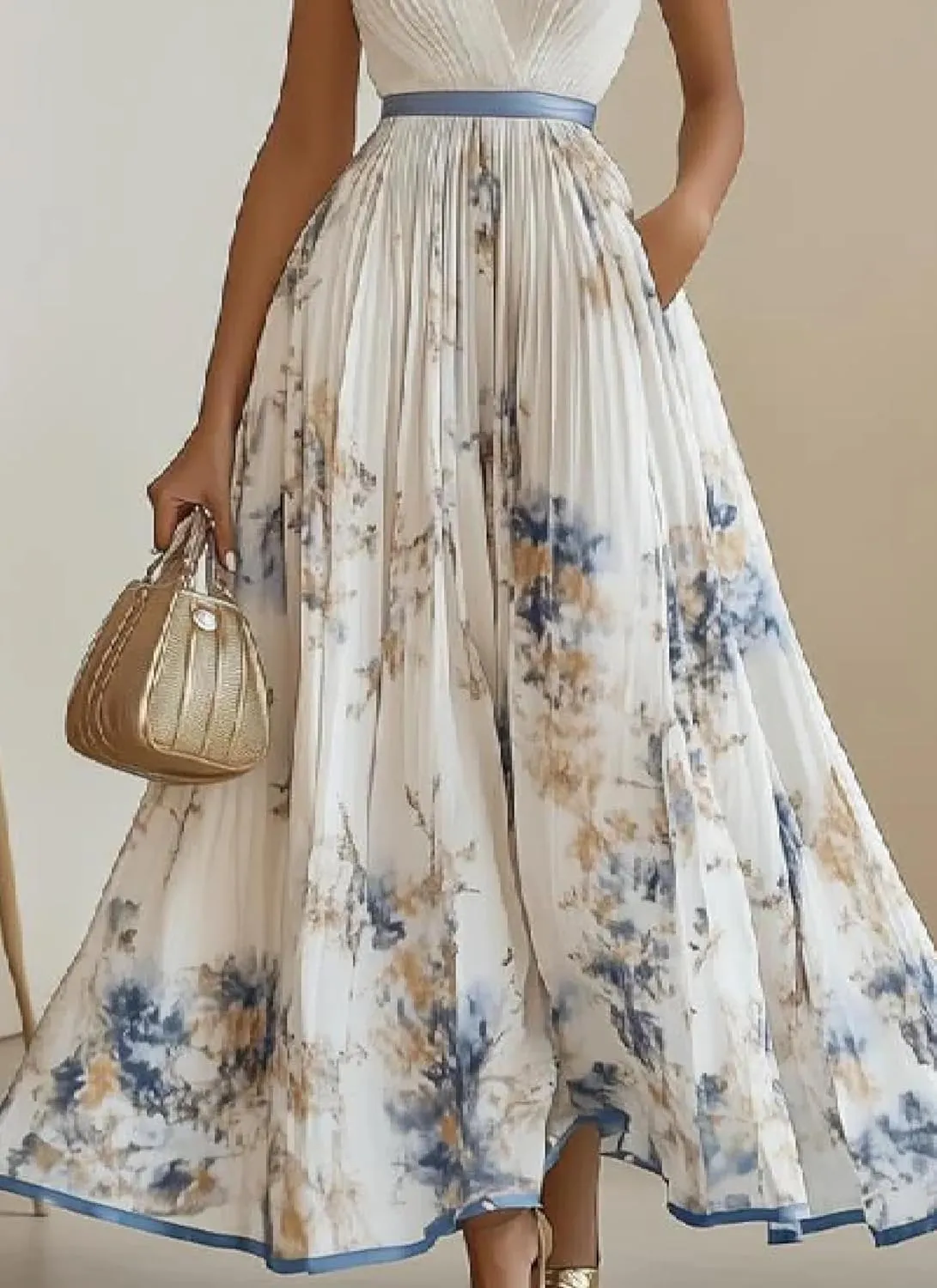 Women Halter Summer Dresses 2025 Sleeveless Cutout Floral Print Pleated Flowy Swing Casual A Line Party Club Maxi Dress
