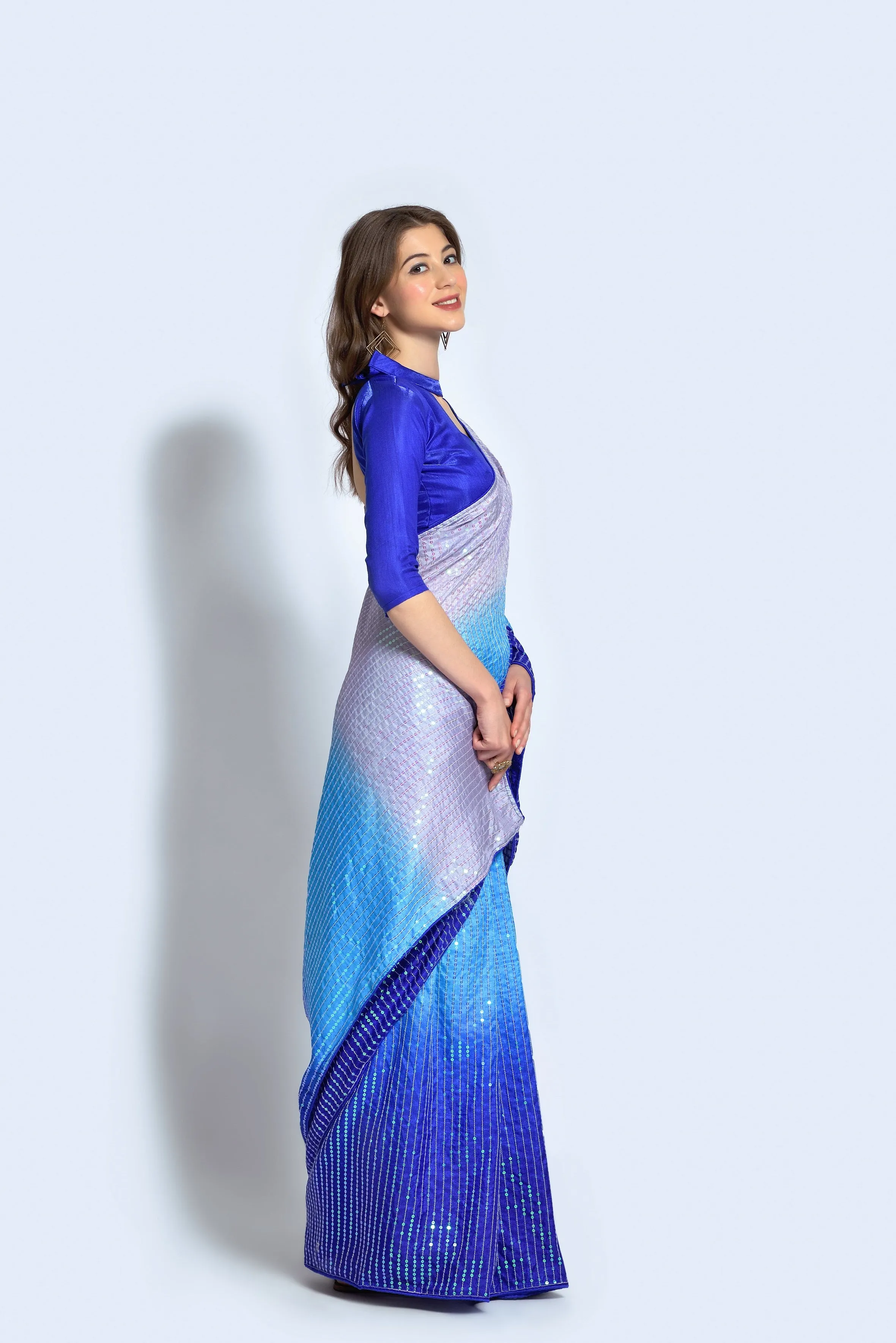 Women Party Wear Designer Blue & Grey Colour Vichitra Silk Fabric Sequence Embroidery Worked Saree Collection