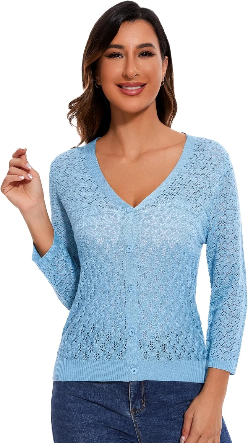 Women's Lightweight Crochet Cardigan 3/4 Sleeve Cropped V Neck Button Shrug Knit Sweater Tops