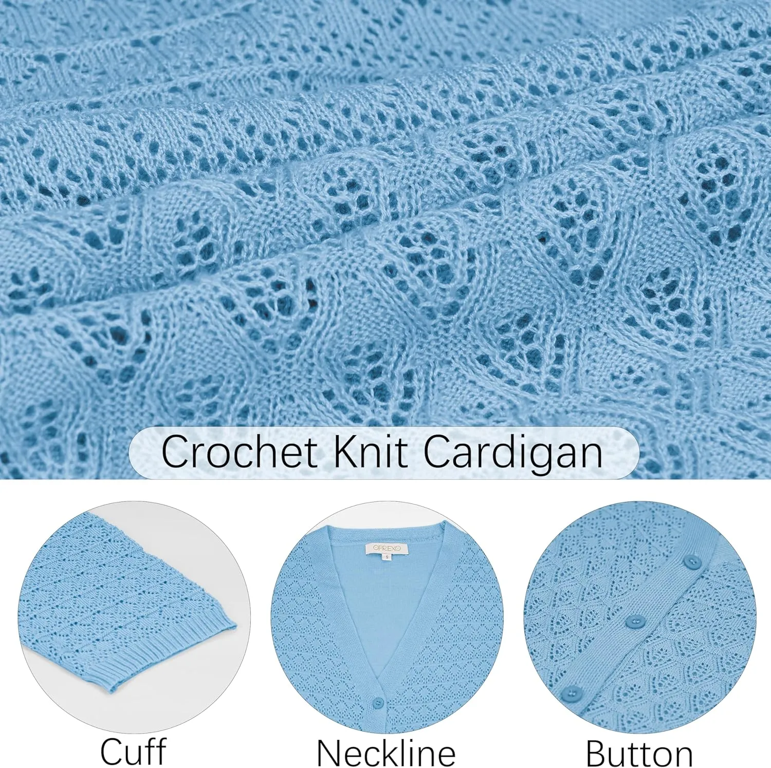 Women's Lightweight Crochet Cardigan 3/4 Sleeve Cropped V Neck Button Shrug Knit Sweater Tops