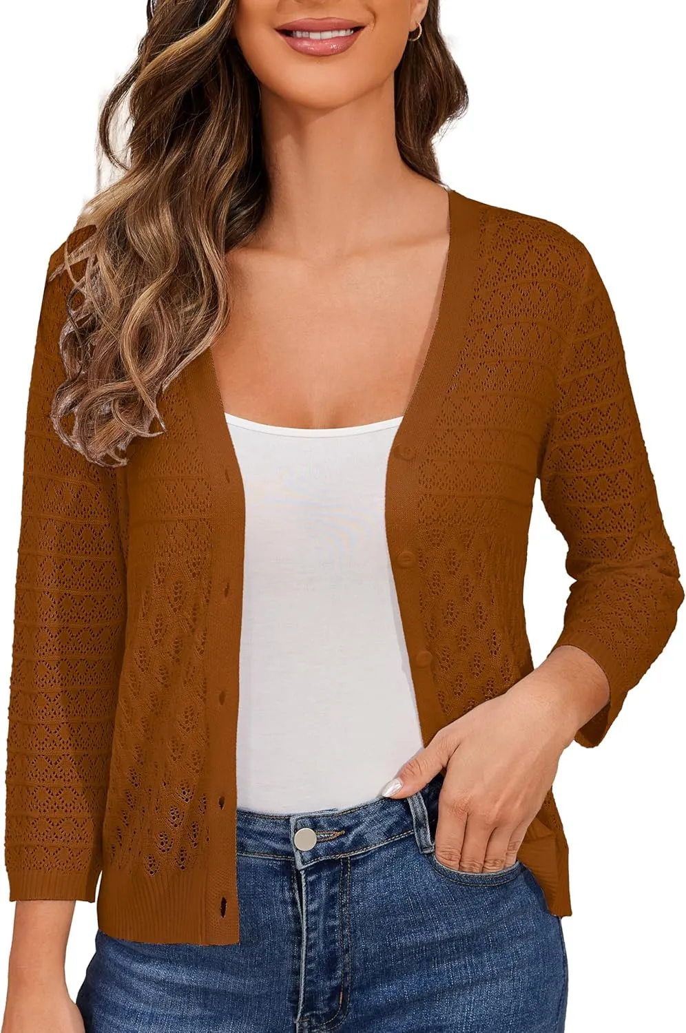 Women's Lightweight Crochet Cardigan 3/4 Sleeve Cropped V Neck Button Shrug Knit Sweater Tops