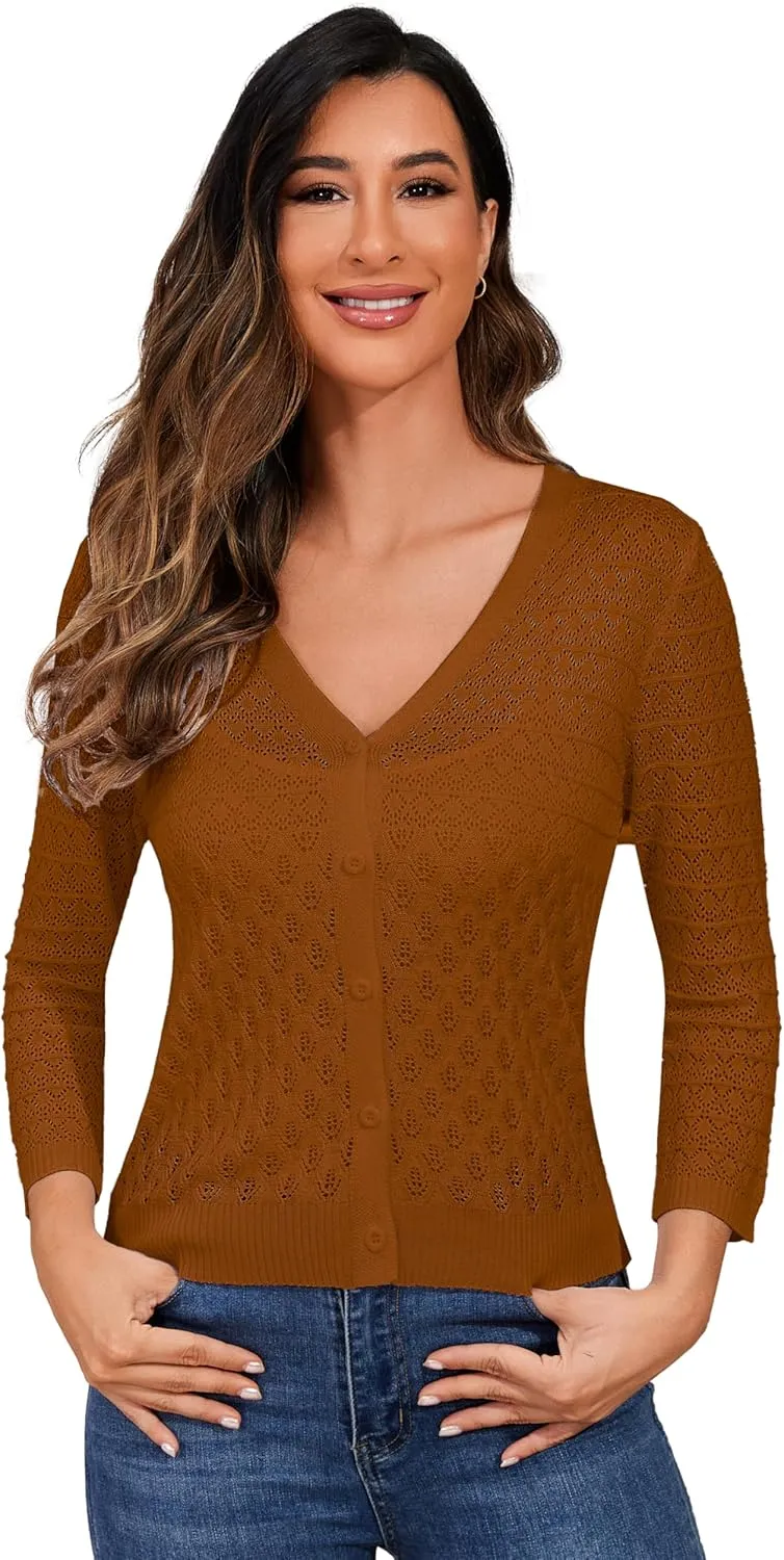 Women's Lightweight Crochet Cardigan 3/4 Sleeve Cropped V Neck Button Shrug Knit Sweater Tops