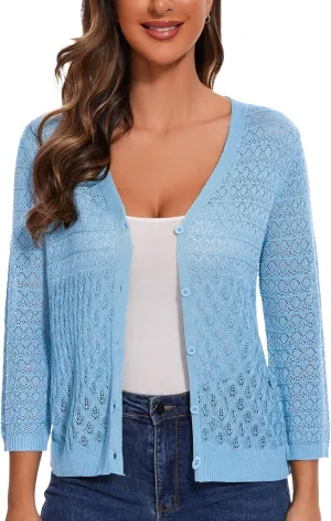 Women's Lightweight Crochet Cardigan 3/4 Sleeve Cropped V Neck Button Shrug Knit Sweater Tops
