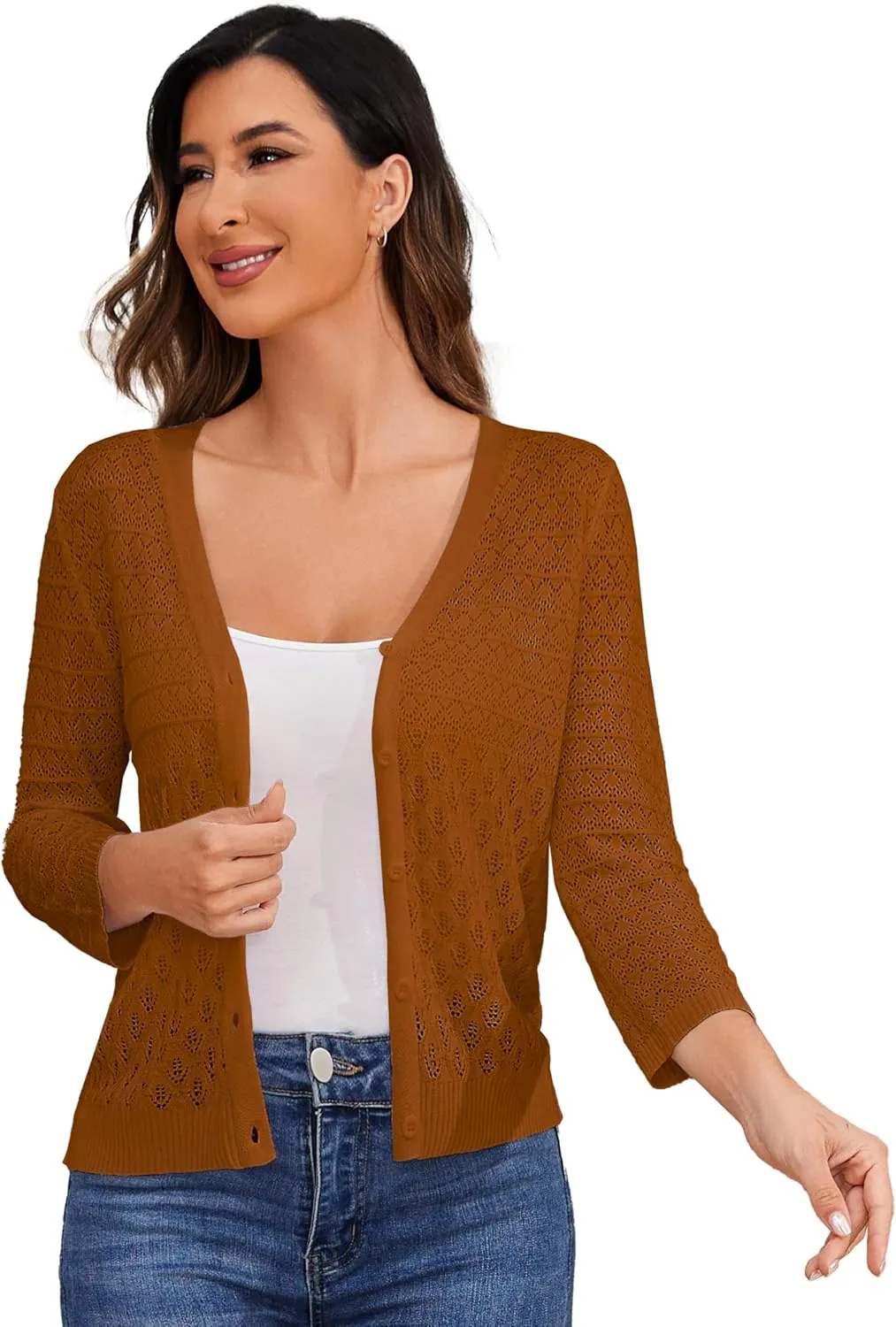 Women's Lightweight Crochet Cardigan 3/4 Sleeve Cropped V Neck Button Shrug Knit Sweater Tops