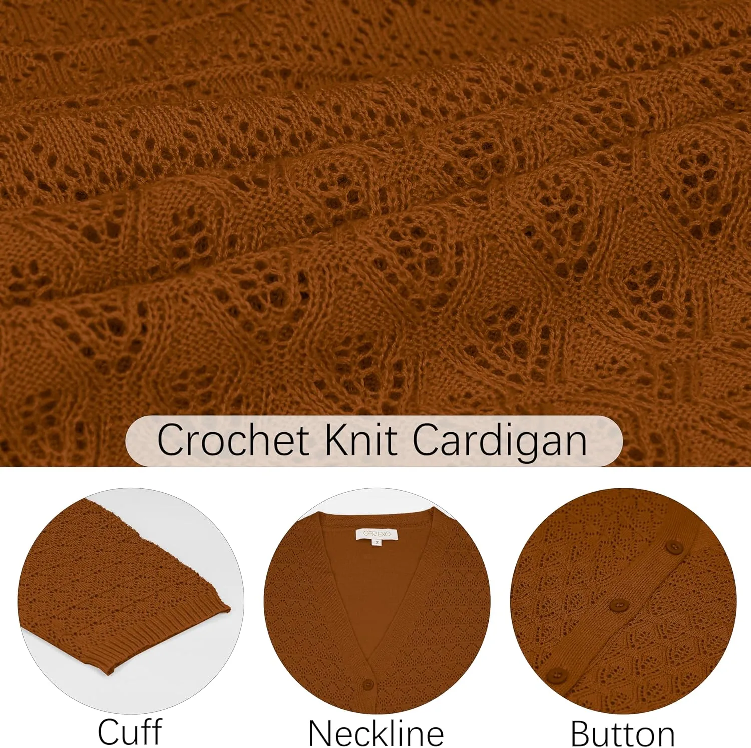 Women's Lightweight Crochet Cardigan 3/4 Sleeve Cropped V Neck Button Shrug Knit Sweater Tops