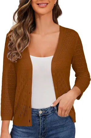 Women's Lightweight Crochet Cardigan 3/4 Sleeve Cropped V Neck Button Shrug Knit Sweater Tops