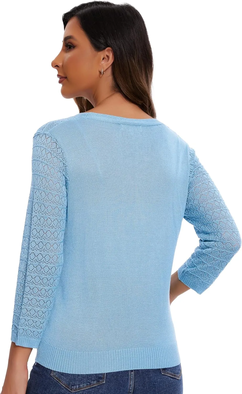 Women's Lightweight Crochet Cardigan 3/4 Sleeve Cropped V Neck Button Shrug Knit Sweater Tops