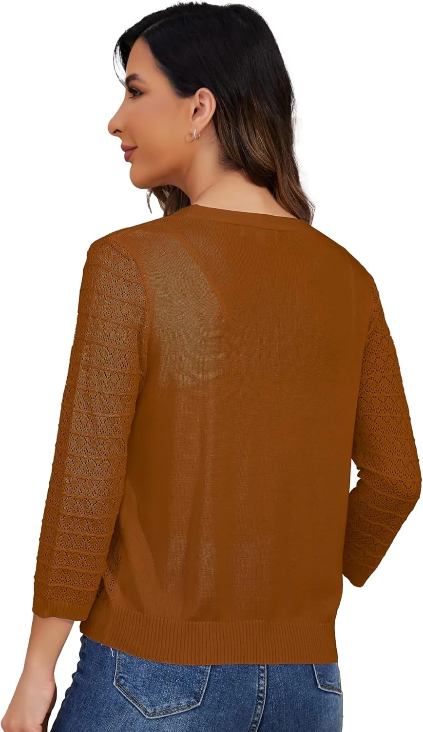Women's Lightweight Crochet Cardigan 3/4 Sleeve Cropped V Neck Button Shrug Knit Sweater Tops