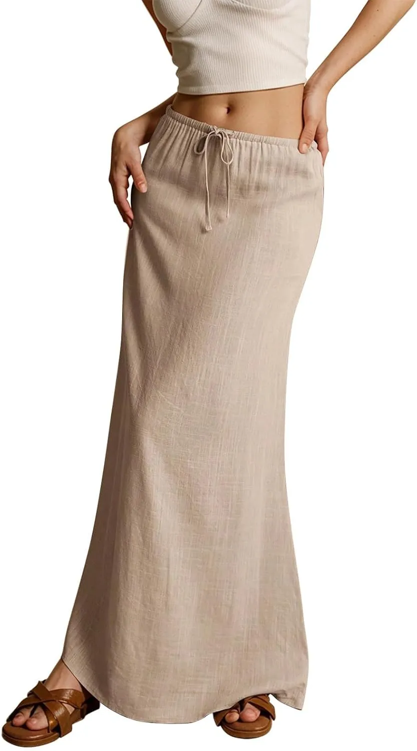 Womens Linen Maxi Skirts Summer Elastic Waist Drawstring A Line Long Flared Skirts Vacation Boho Flowy Skirt