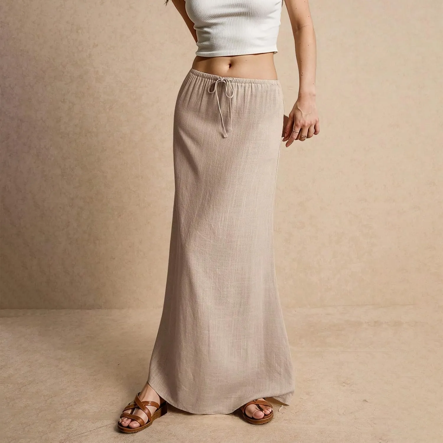 Womens Linen Maxi Skirts Summer Elastic Waist Drawstring A Line Long Flared Skirts Vacation Boho Flowy Skirt
