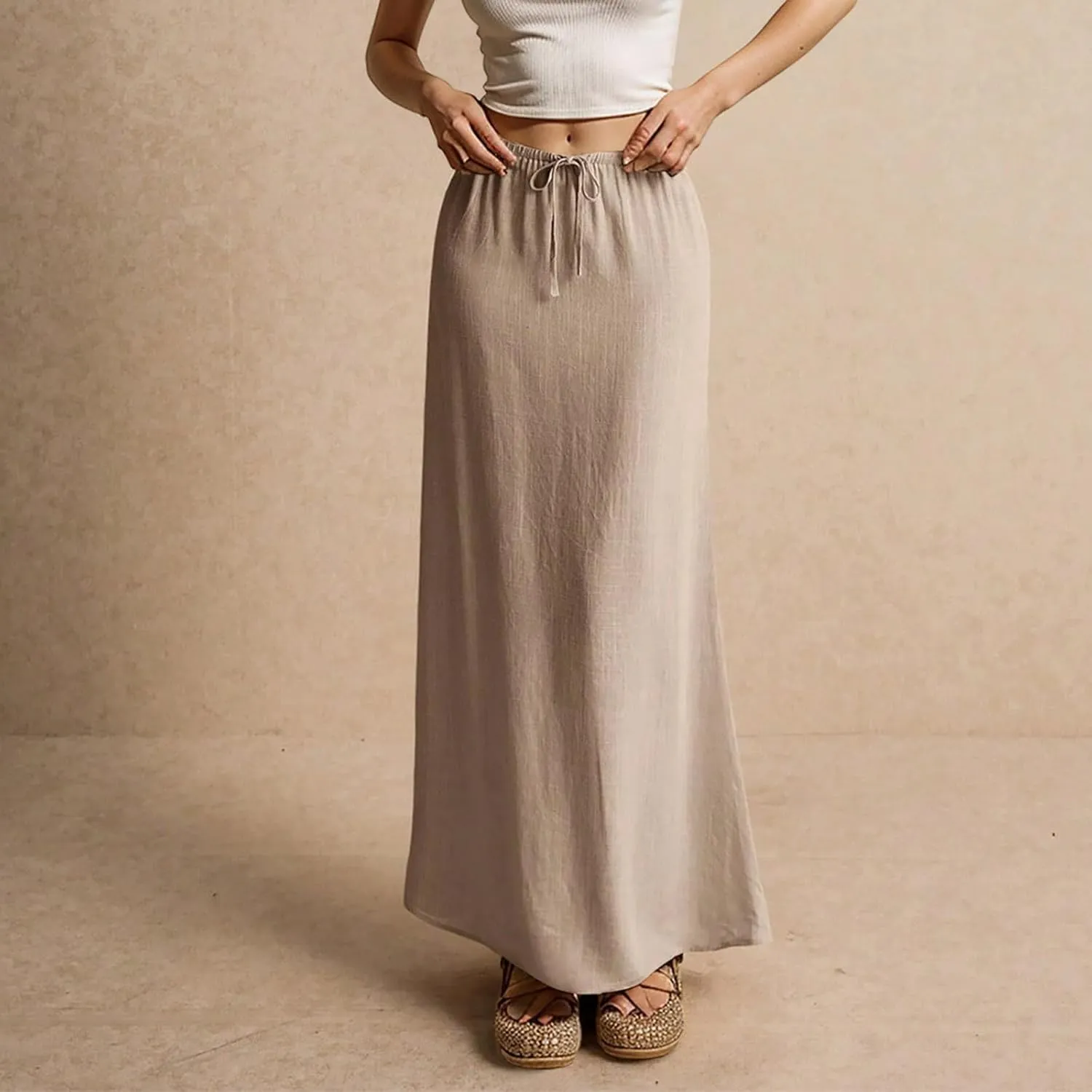 Womens Linen Maxi Skirts Summer Elastic Waist Drawstring A Line Long Flared Skirts Vacation Boho Flowy Skirt