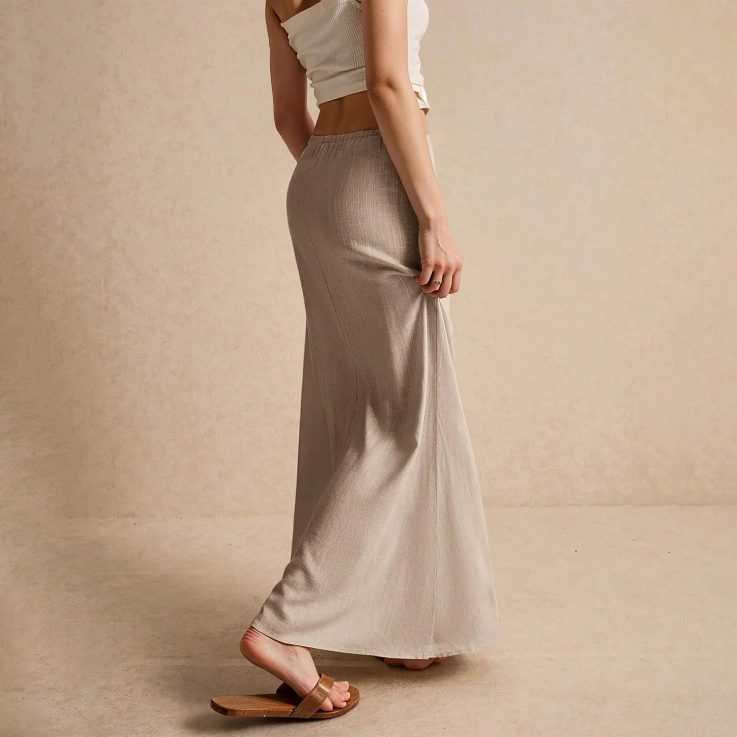 Womens Linen Maxi Skirts Summer Elastic Waist Drawstring A Line Long Flared Skirts Vacation Boho Flowy Skirt