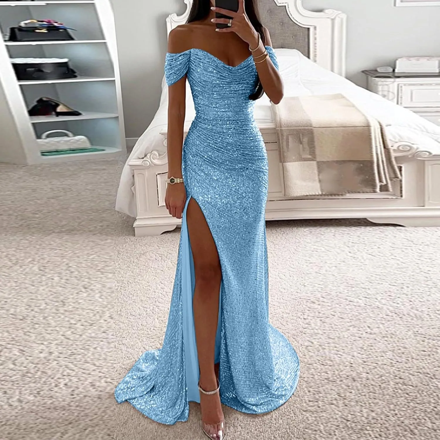 Women's Sequin Prom Dresses with Slit Mermaid Long Ball Gown Ruched Sparkly Formal Evening Gown