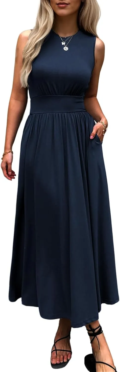 Women's Sleeveless Summer Maxi Dress Crewneck Casual Swing Pleated Long Dresses with Pockets