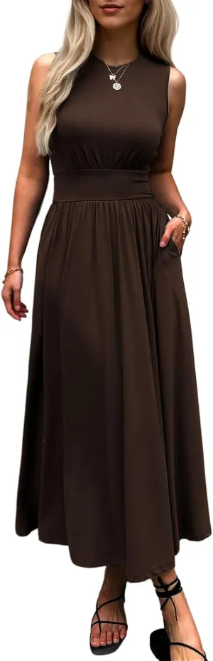 Women's Sleeveless Summer Maxi Dress Crewneck Casual Swing Pleated Long Dresses with Pockets