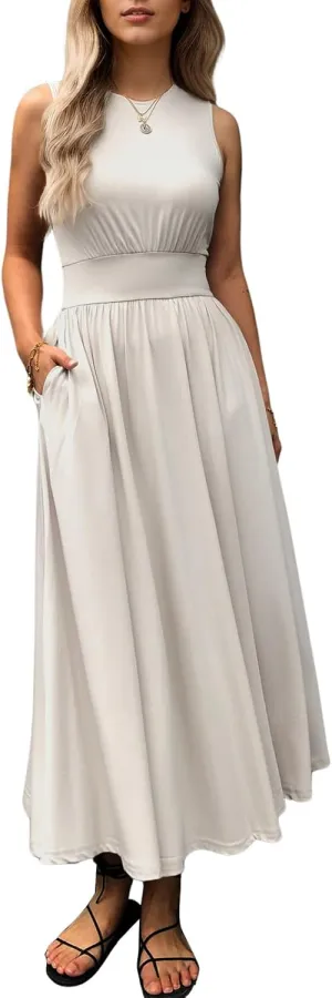 Women's Sleeveless Summer Maxi Dress Crewneck Casual Swing Pleated Long Dresses with Pockets