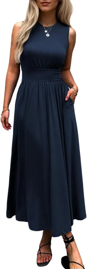 Women's Sleeveless Summer Maxi Dress Crewneck Casual Swing Pleated Long Dresses with Pockets